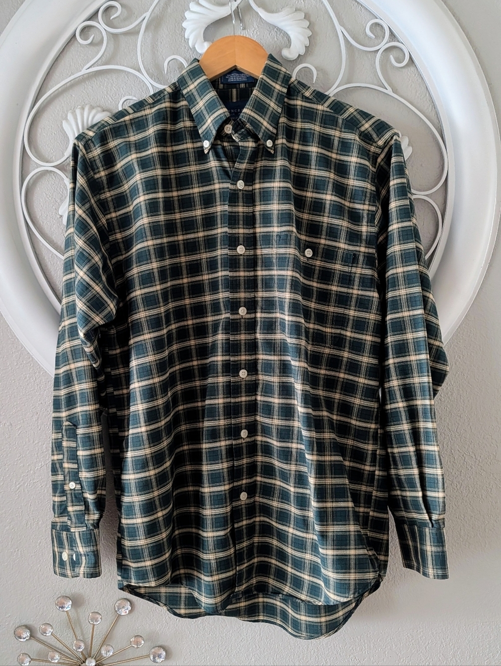 Towncraft Dark Green  Plaid Button-Down  Wrinkle-Free Shirt Men Sz S